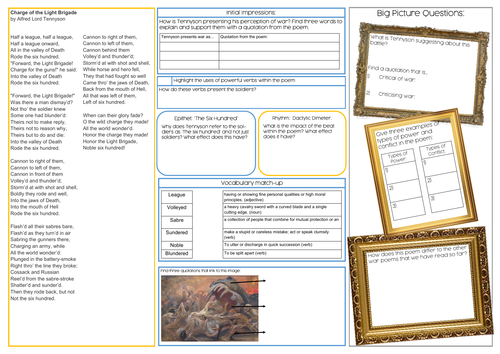 Charge of the Light Brigade - A3 Analysis Worksheet - GCSE Literature AQA - Tennyson