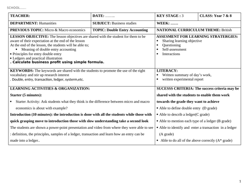 5Lesson Plan on Business Studies for KS3 Year 8 and 9 for Five Weeks