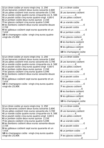 La nourriture et les prix