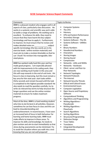 GCSE Computer Science KS4 Year 10/11 Pupil Report Comment Bank