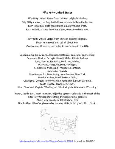 Fifty Nifty United States Song LYRICS WITH VIDEO LINK | Teaching Resources