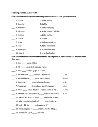 Gustar verbs matching practice