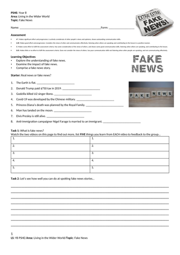 Fake news - PSHE - Year 8