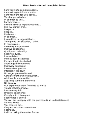 Word Bank for a formal complaint letter