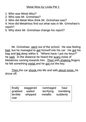 Metal Miss by Linda Pitt COMPREHENSION KS2