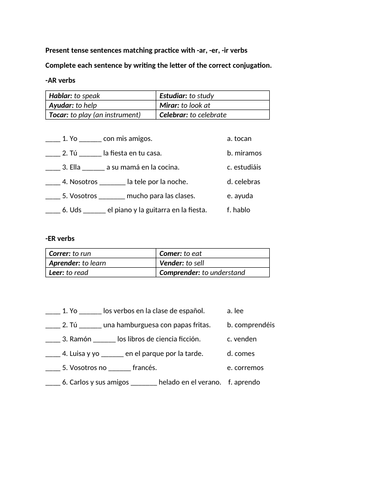 Present tense sentences matching practice -ar, -er, -ir verbs