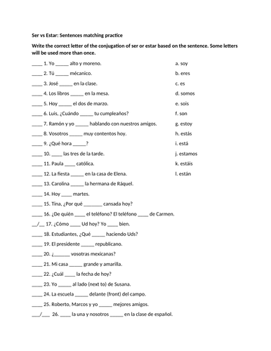 Ser vs Estar sentences matching practice