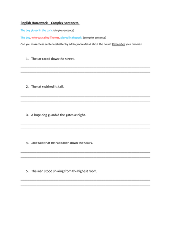 Complex Sentences Homework Sheet KS2