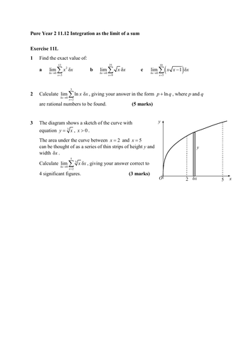 Integration as the limit of a sum - Edexcel Pure Year 2 Textbook Exercise