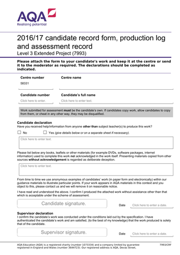 EPQ Example Artefact Log