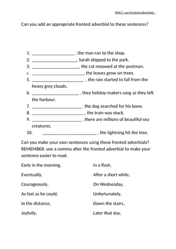Fronted Adverbials Worksheet KS2