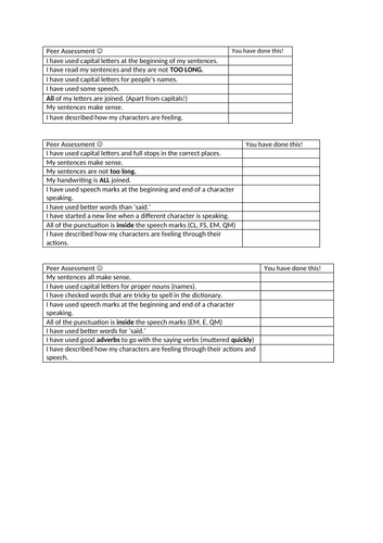 Peer Assessment Story Writing Success Criteria KS2