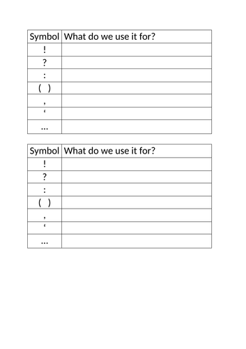 Punctuation Definitions Activity Sheet KS2