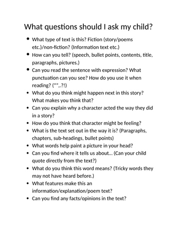 Home Reading Support Sheet For Parents KS2