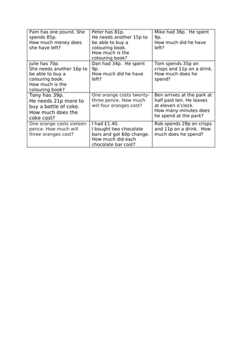 Money Problem Questions Differentiated KS2