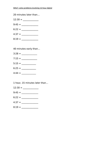 12 Hour Digital Adding Time Worksheet KS2
