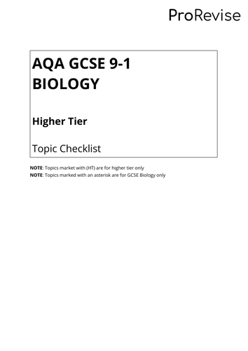 AQA GCSE 9-1 Biology: Topic Checklist
