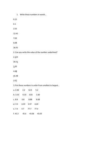Decimal Numbers Worksheet KS2