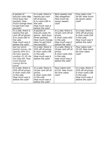 Money Problems KS2 Maths