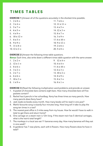 Times tables worksheet (with answers)