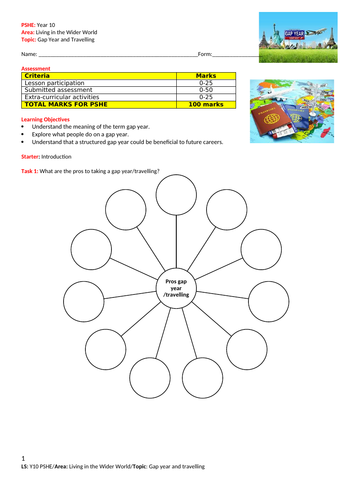 Gap Year and Travelling - PSHE - Year 10