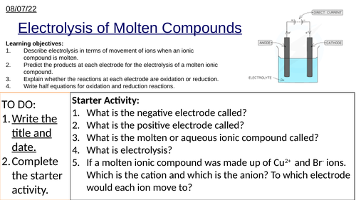 GCSE Electrolysis of Molten Compounds Including Half-Equations