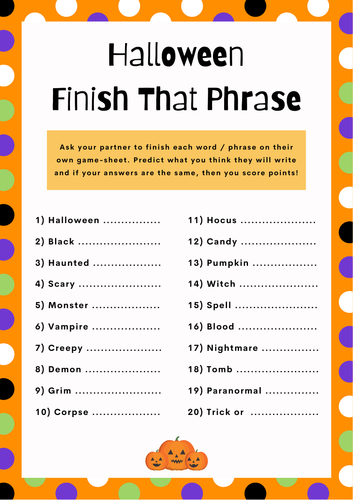 Halloween Finish That Phrase Game Fun Class Game Sheet