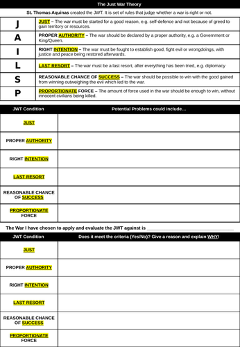 GCSE AQA Just War Theory Worksheet