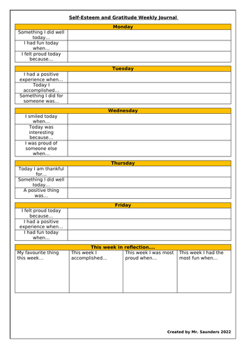 Self-Esteem and Gratitude Weekly Journal (One Week Template)