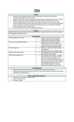 Tissue - Summary Sheet