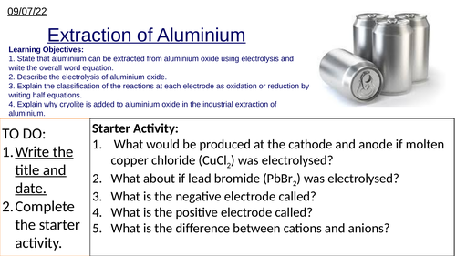 GCSE Chemistry Electrolysis of Aluminium Oxide Including Half-Equations: Complete Lesson