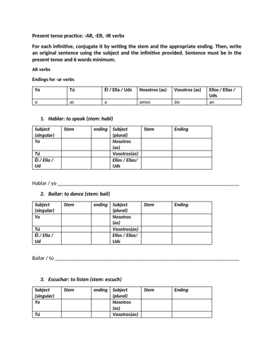 Present tense regular verbs conjugation and sentence practice