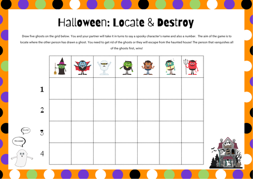 Halloween 'Battleships' Game Sheet. Find & Destroy the Ghosts. Locate and Destroy