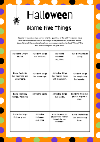 Halloween Name Five Things Quiz Game. Teambuilding. Lesson Filler. 5 Things.