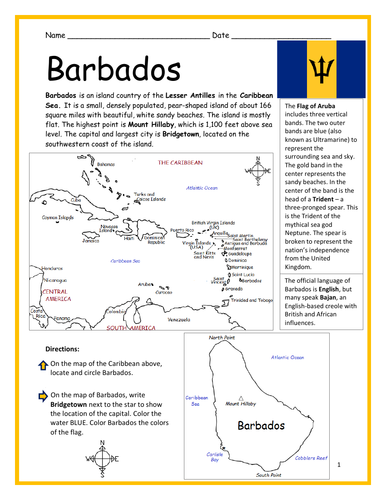 BARBADOS Printable Worksheet with map and flag