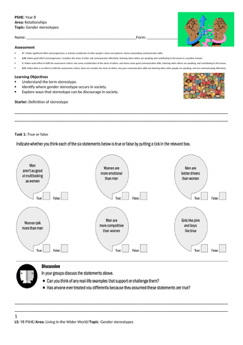 Gender stereotypes - PSHE - Year 8