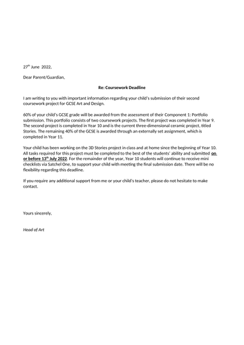 GCSE coursework deadline letter for parents