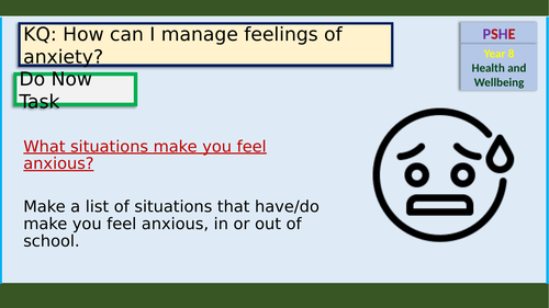 Managing feelings of anxiety PSHE lesson