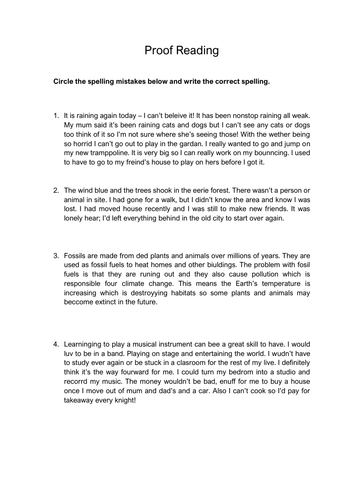 Proof Reading and Spelling Exercise Year 4