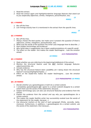 English Language Paper 1 AQA GCSE Format Sheet