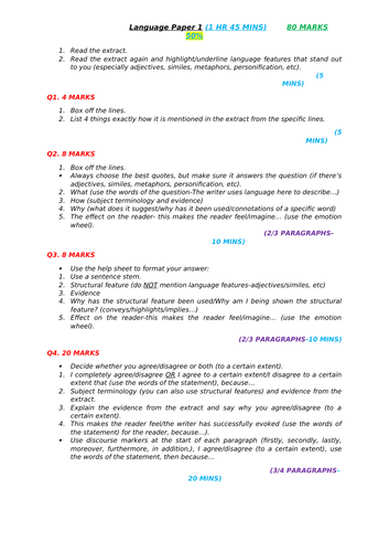 English Language Paper 2 AQA GCSE Format Sheet