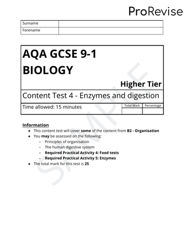 FREE SAMPLE: AQA GCSE 9-1 Biology Content Tests