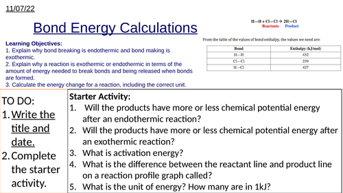 GCSE Bond Energy Calculations and Overall Energy Changes During Chemical Reactions