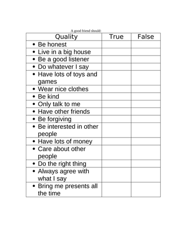 A GOOD FRIEND SHOULD... TRUE/FALSE WORKSHEET PSHE