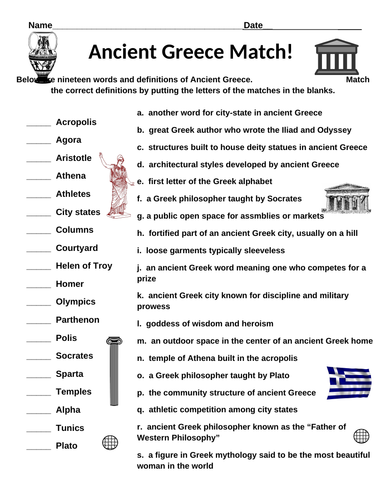 Ancient Greece Match PLUS Ancient Greece Word Search (Both Items)