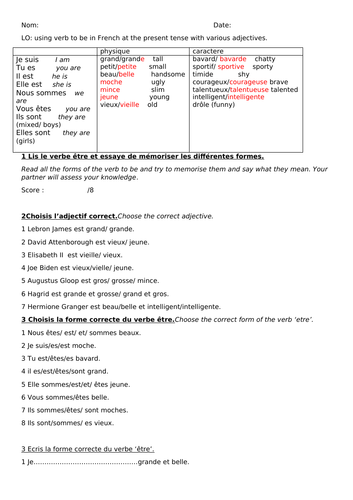 Le verbe 'etre' et les adjectifs pour les descriptions