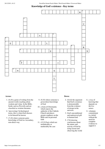 DCT Knowledge of God Crossword OCR A-level Philosophy and Ethics