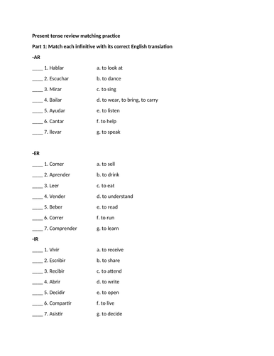 Present tense review practice regular verbs