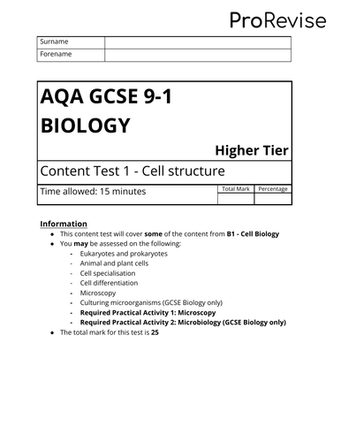 AQA GCSE 9-1 Biology: Content Tests