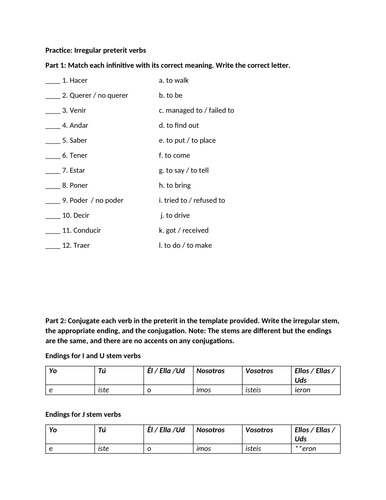 Irregular preterit verbs conjugation practice